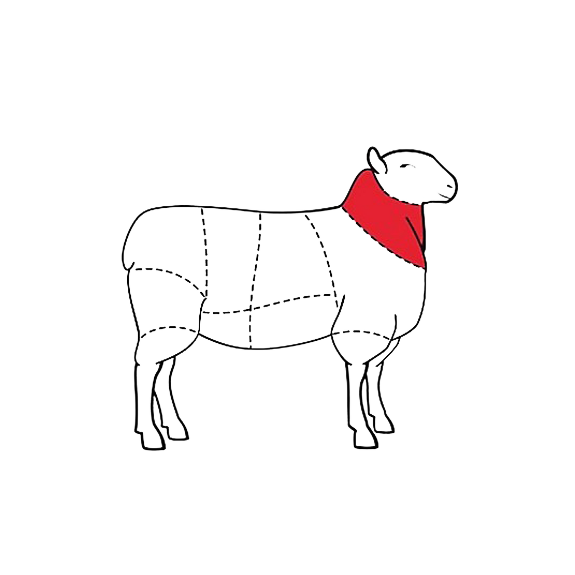 Diagram of a sheep meat chart, highlighting the neck area in red.